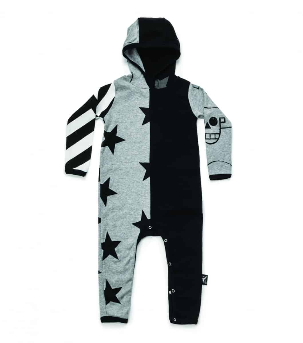 Quilted Hooded Playsuit Black & Heather Grey