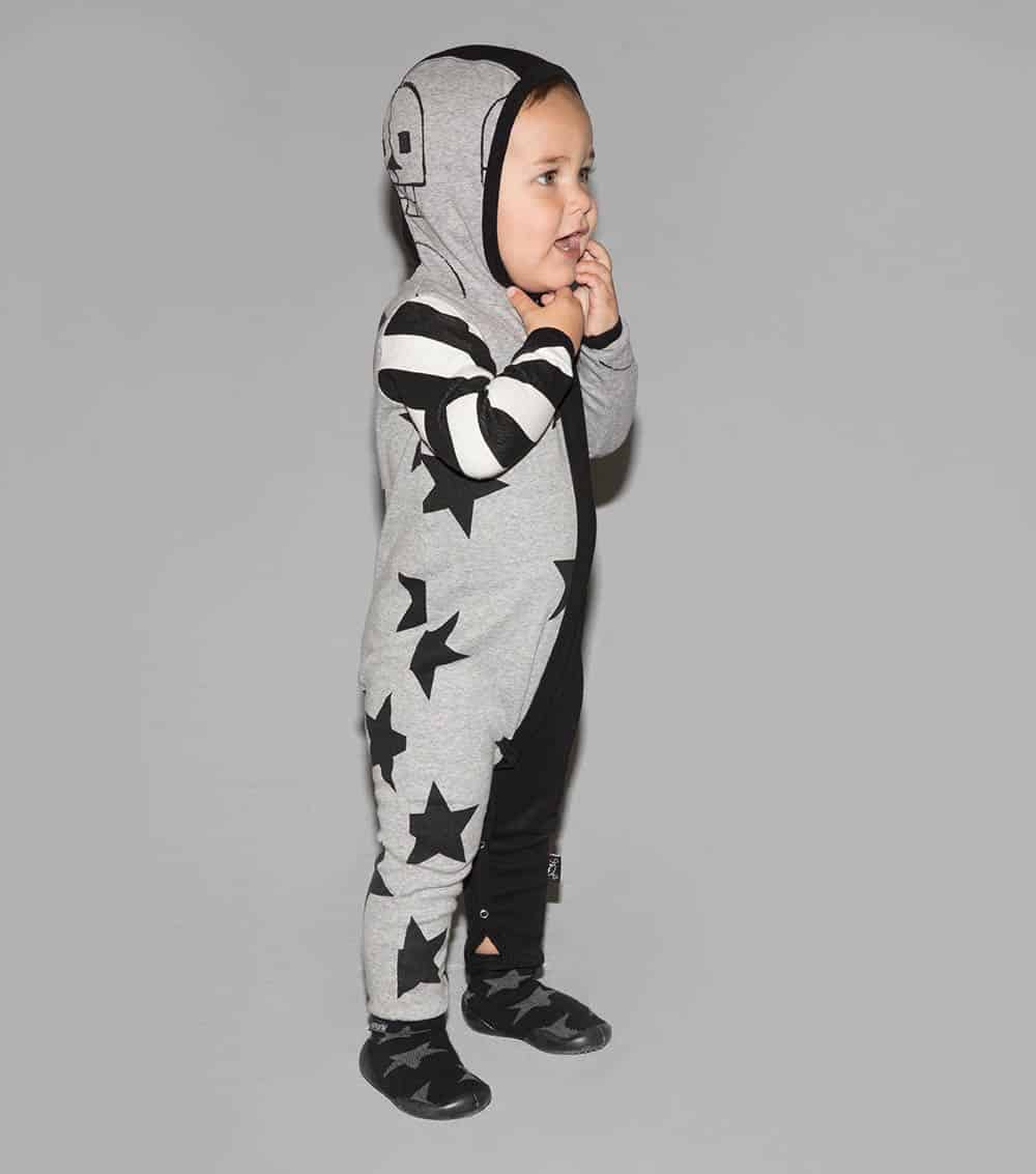 Quilted Hooded Playsuit Black & Heather Grey