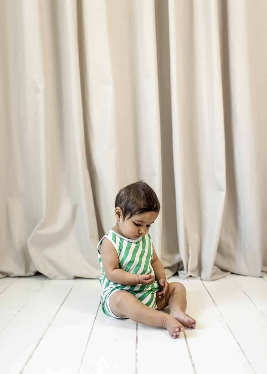 Baby Jersey Romper - Vanilla, Green Diagonal Stripes