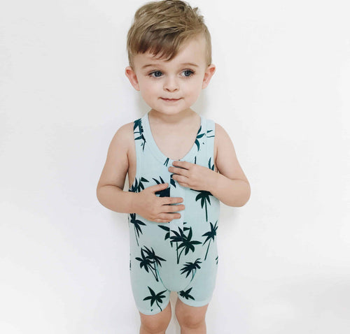 Blue Palm Trees Short Terry Romper